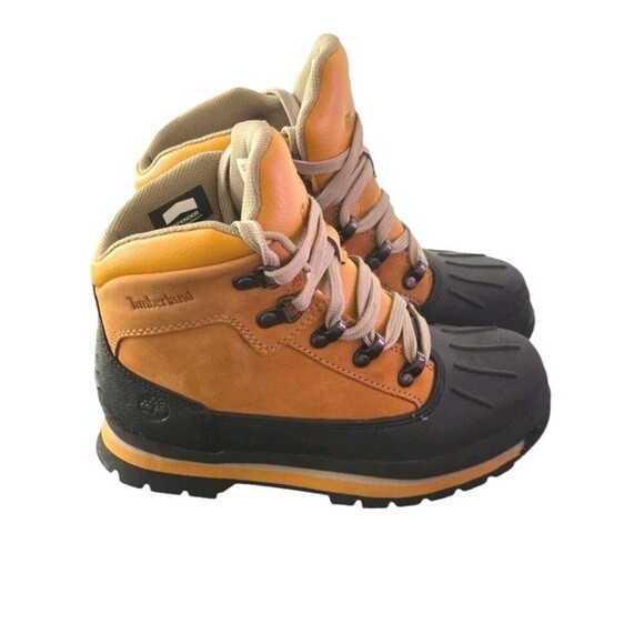 Timberland Euro Hiker Boot Brown Black Leather Shell Toe Logo Boys Size 3 - Picture 4 of 8